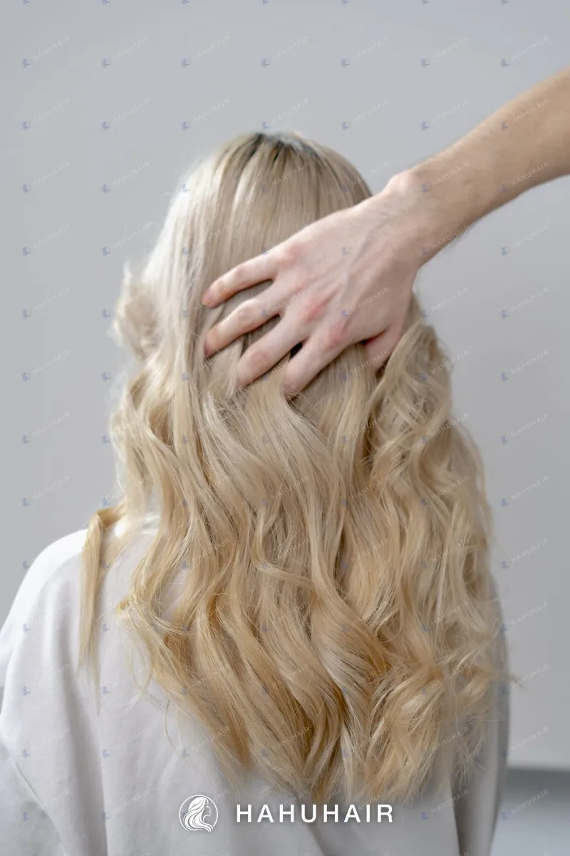 Long blonde wavy hair seen from behind, a hand smoothing the hair