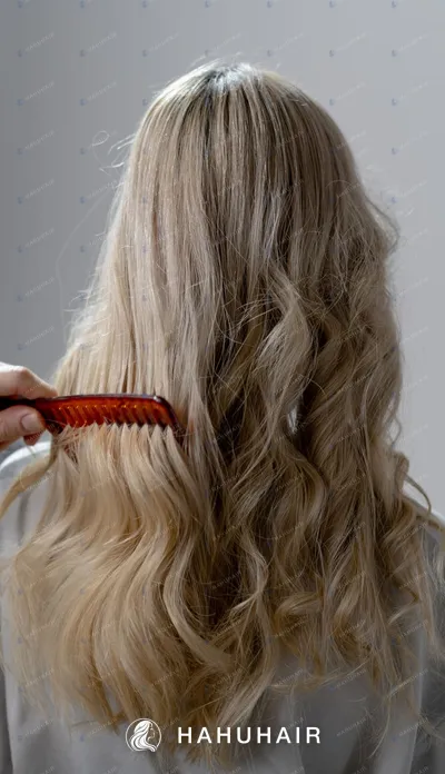 Long blonde hair styled in soft curls, seen from behind