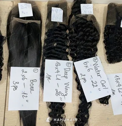 Deep wave, water curly and straight lace pieces with handwritten size labels