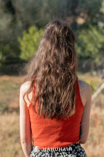 Long wavy brown hair seen from behind, outdoors